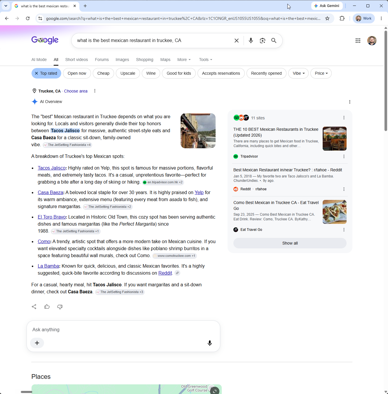 Google search for best Mexican restaurant in Truckee showing an AI Overview above the business results