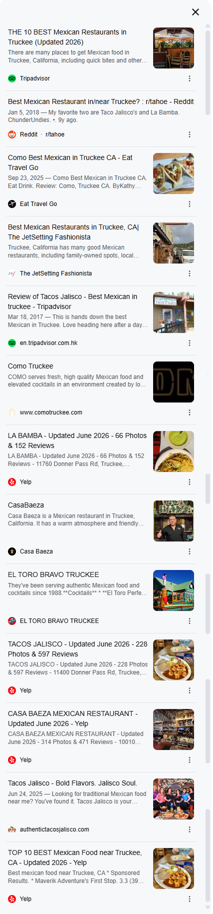 The source list Google's AI Overview used for the best Mexican restaurant in Truckee: TripAdvisor's 10 BEST list, Yelp, a Reddit thread, local food blogs, and the restaurants' own sites