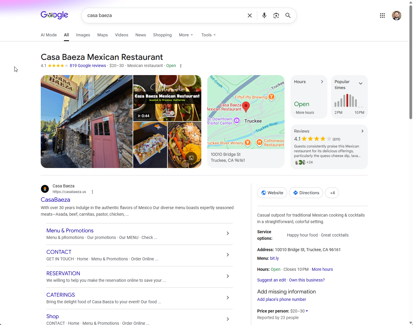 Google search for Casa Baeza showing the restaurant knowledge panel with photos, rating, reviews, hours, and address