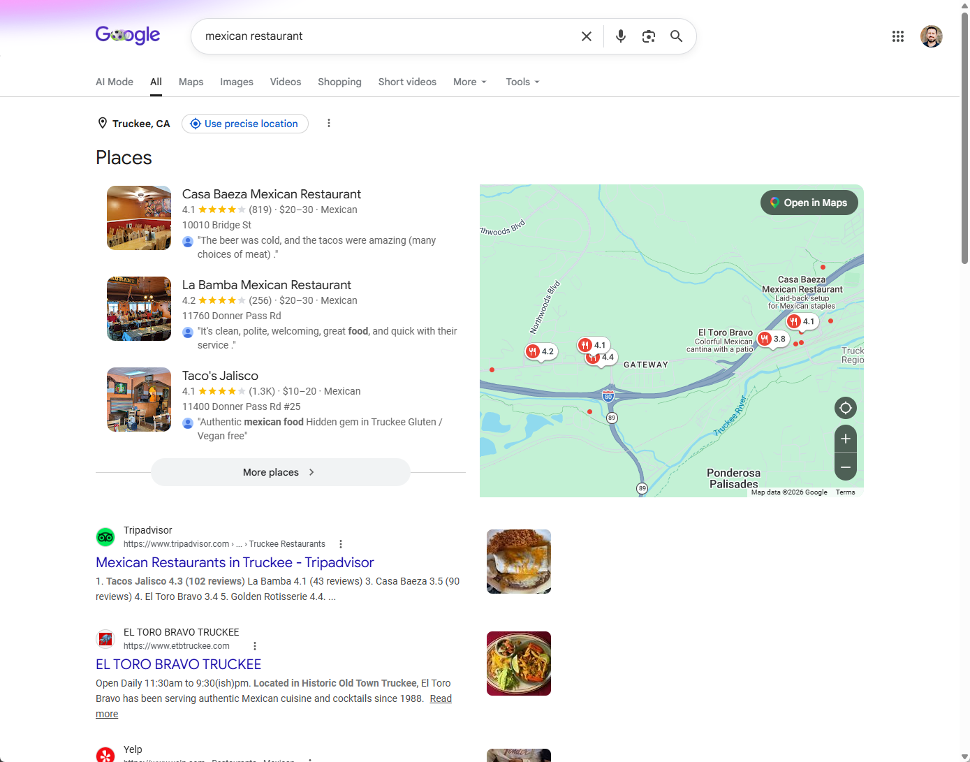 Google search for Mexican restaurant in Truckee showing the local map pack of a few spots at the top