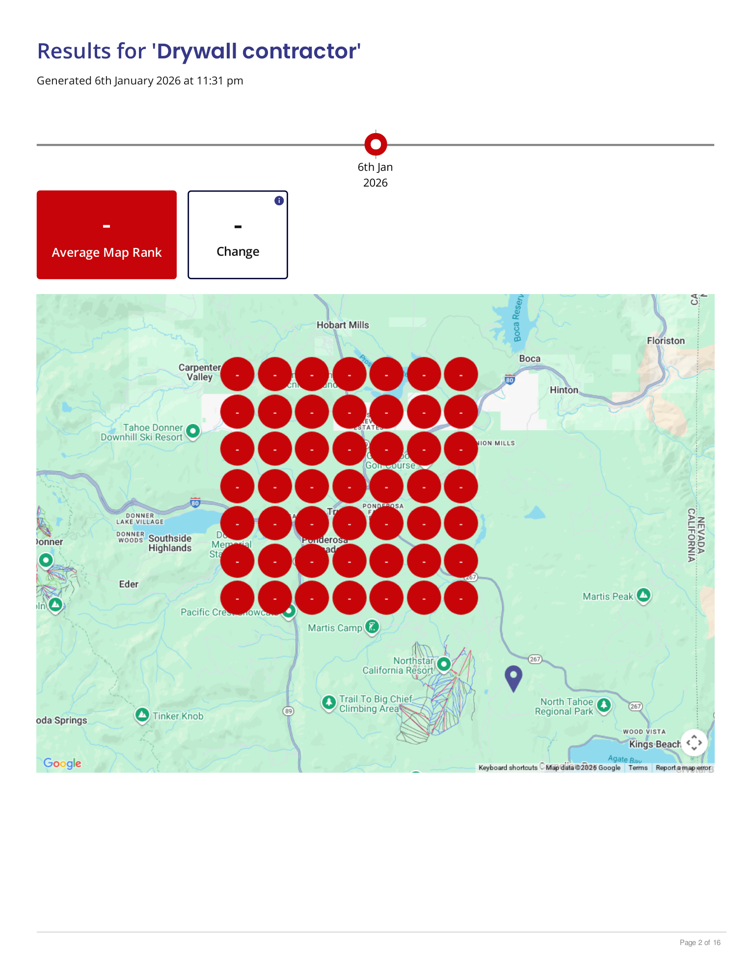 Heat map showing a local business not ranking anywhere across Truckee, all red dots
