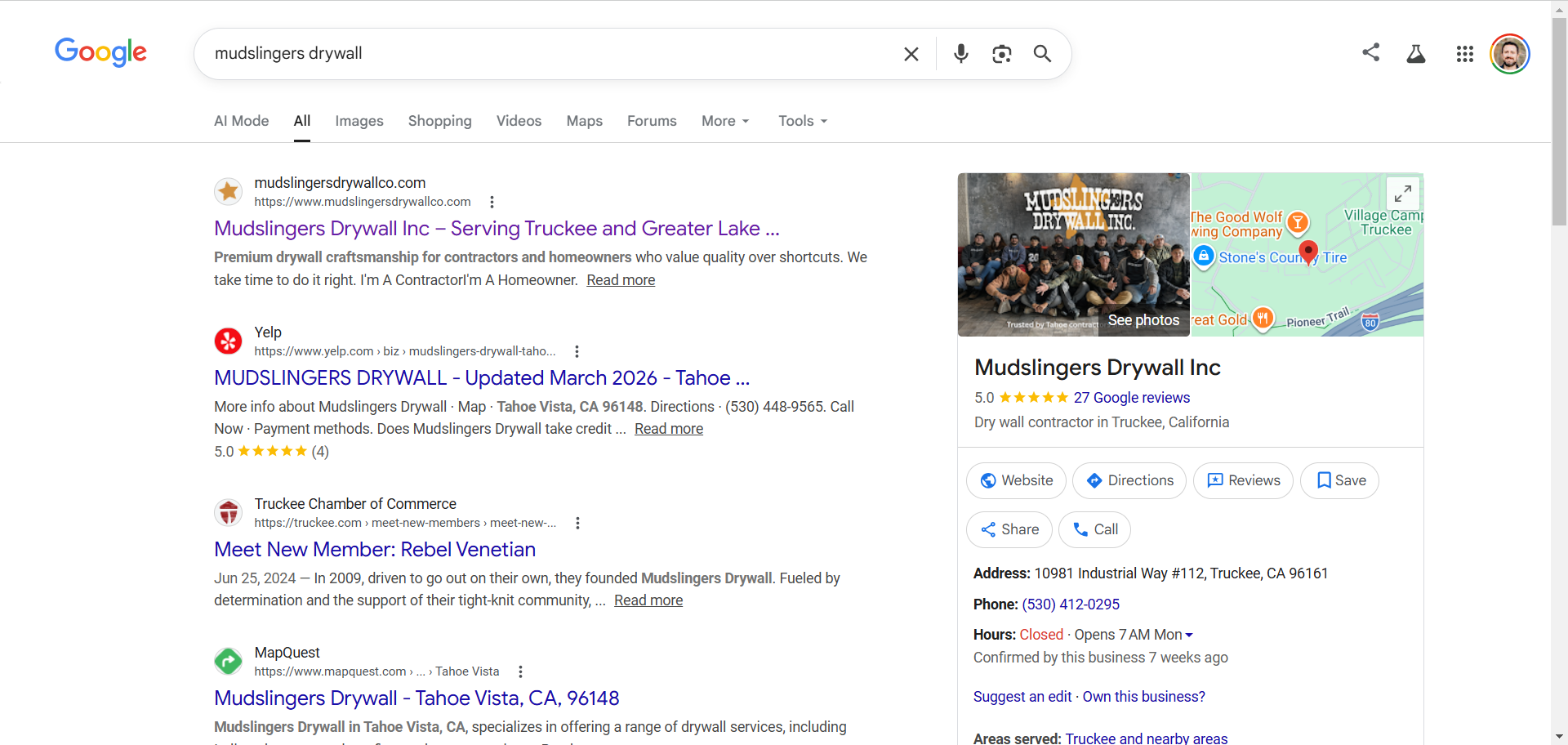 Mudslingers branded search after - website #1, 27 five-star reviews, professional team photo in trust panel