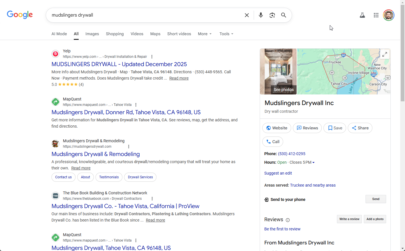 Mudslingers branded search before - no website in results, zero reviews on knowledge panel