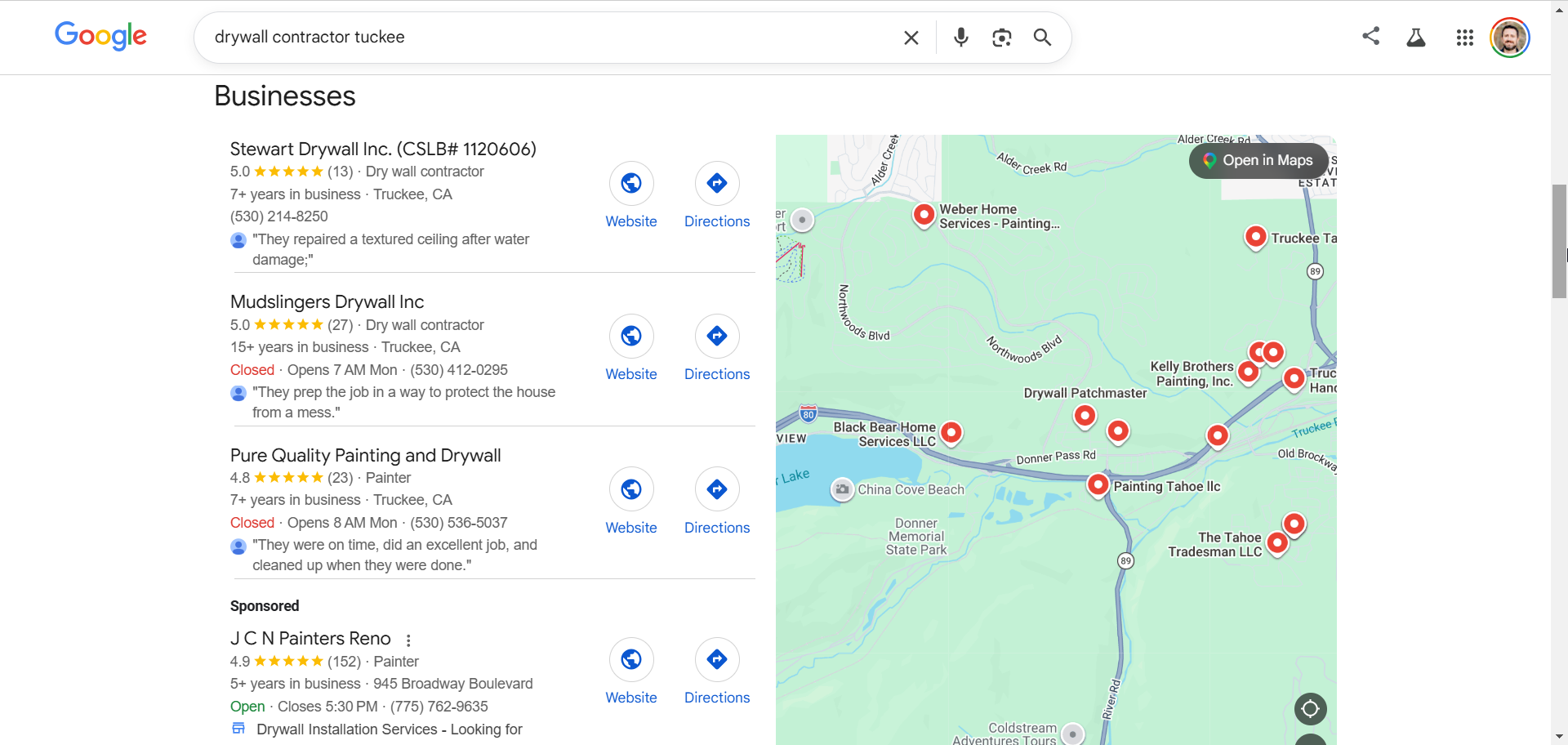 Google map pack for drywall contractor truckee - Mudslingers #2 with 27 five-star reviews, most reviews of the three
