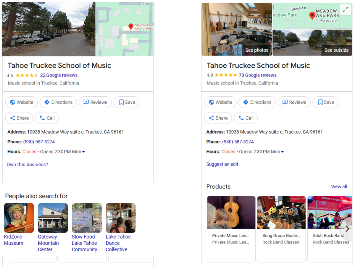 Tahoe Truckee School of Music GBP before and after - Street View with 22 reviews to professional photos with 78 reviews