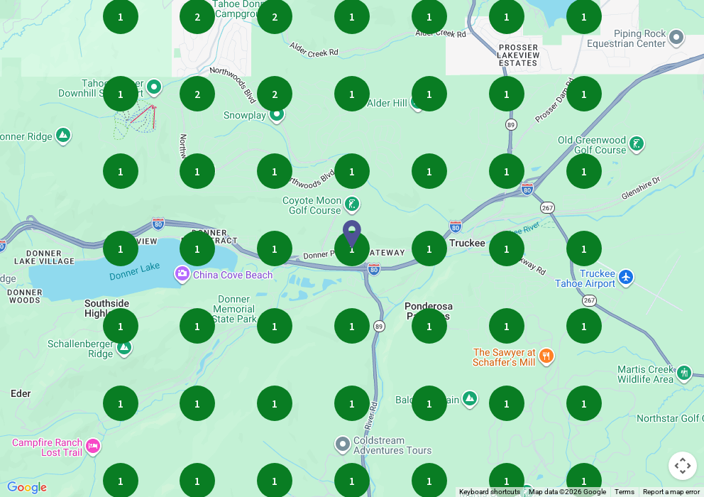 TTSM search grid for music lessons centered on Truckee - #1 at nearly every grid point