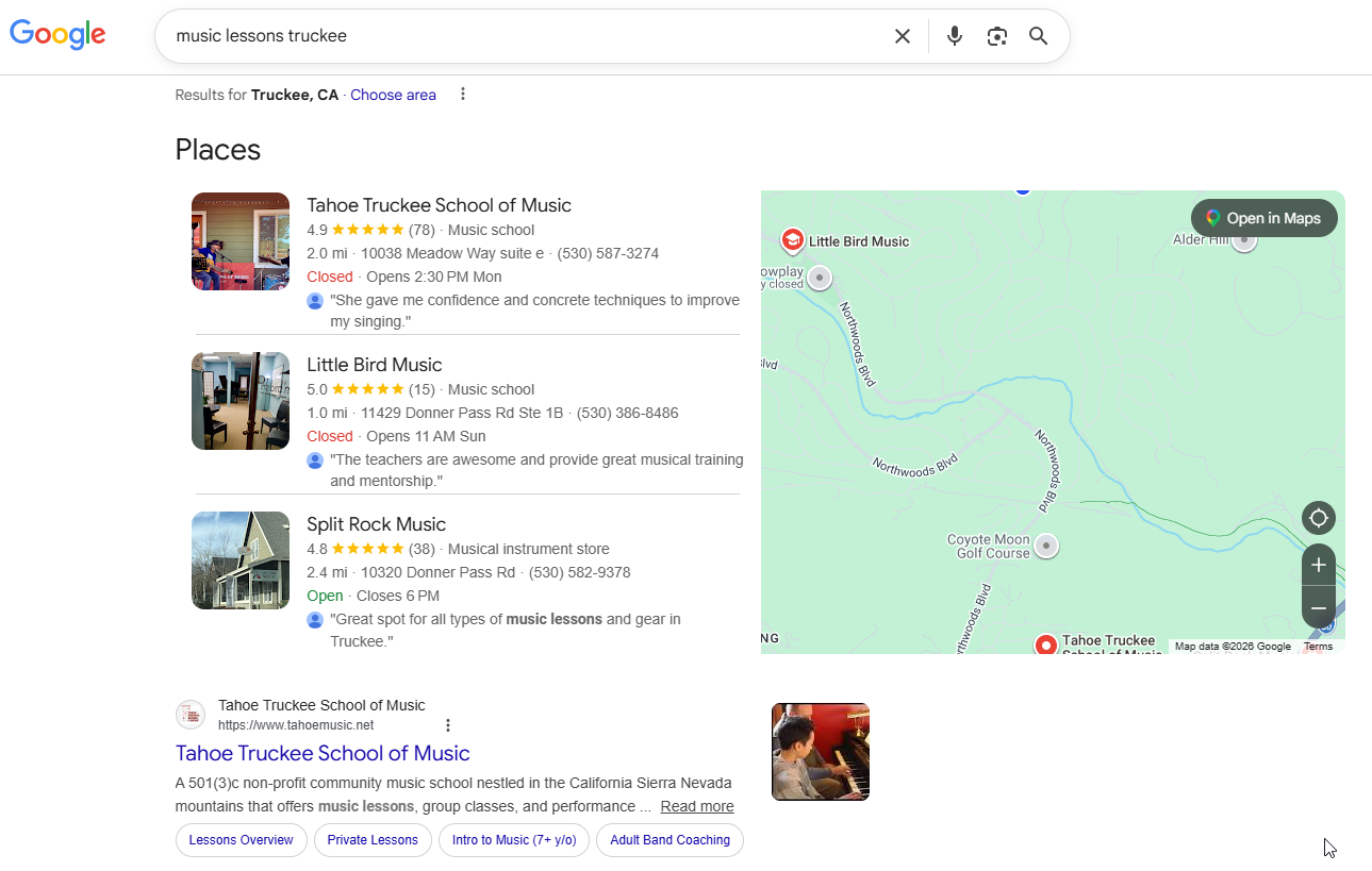 TTSM ranking #1 in map pack and #1 organic for music lessons truckee