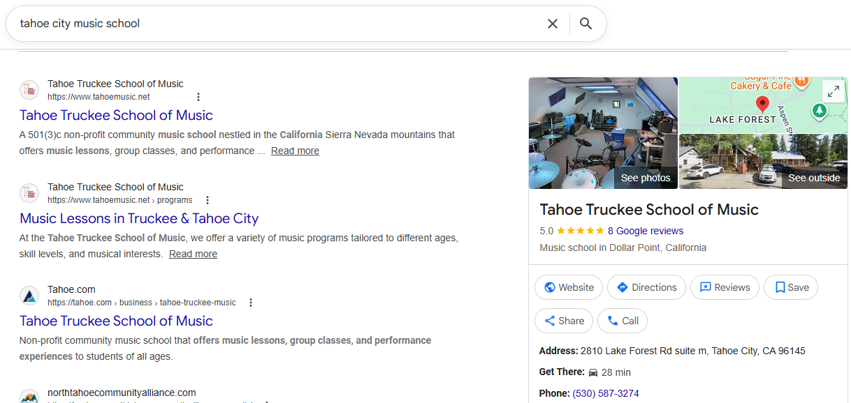 Tahoe Truckee School of Music Tahoe City location now showing in search results with knowledge panel