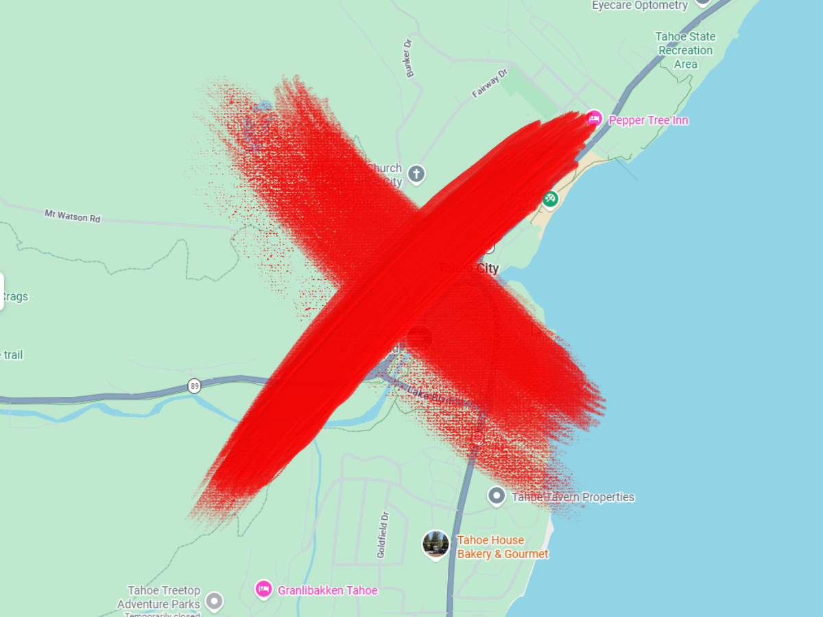 Google Maps showing Tahoe City area with a big X - TTSM second location did not exist on Google